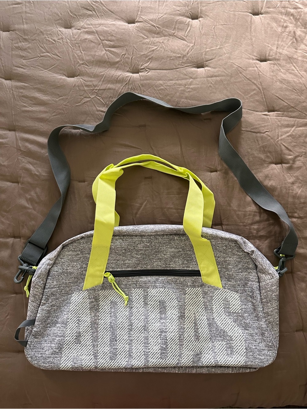 Adidas Gray Duffel Bag with Neon Green Straps